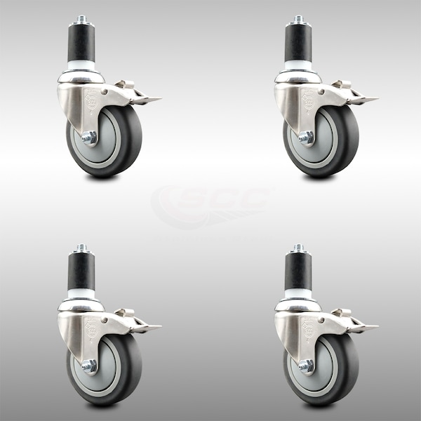 Service Caster 4 Inch 316SS Thermoplastic Rubber Swivel 1-5/8 Inch Stem Caster Set Lock Brake SCC-SS316TTLEX20S414-TPRB-158-4 - main
